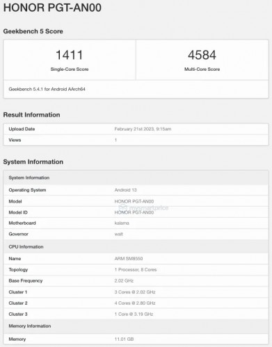 Honor Magic5 Geekbench scorecard