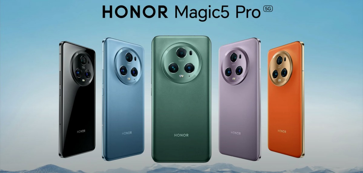 Honor Magic5 Pro در رنگ‌های Glacier Blue، Meadow Green، مرجانی بنفش، نارنجی و مشکی