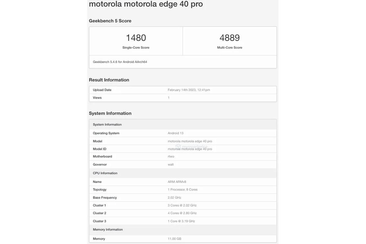 Motorola Edge 40 Pro chạy Geekbench với 12GB RAM trên bo mạch