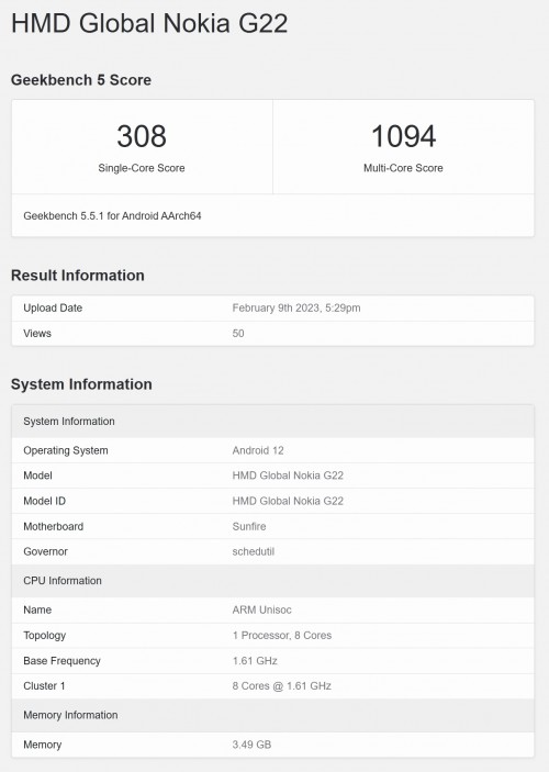 Nokia G22 GeekBench result