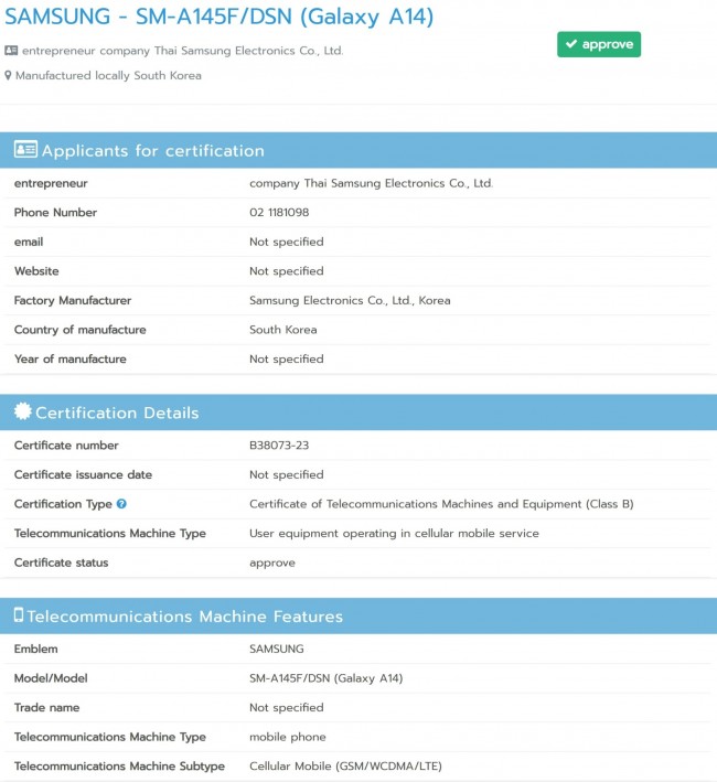 Samsung Galaxy A14 4G on NBTC