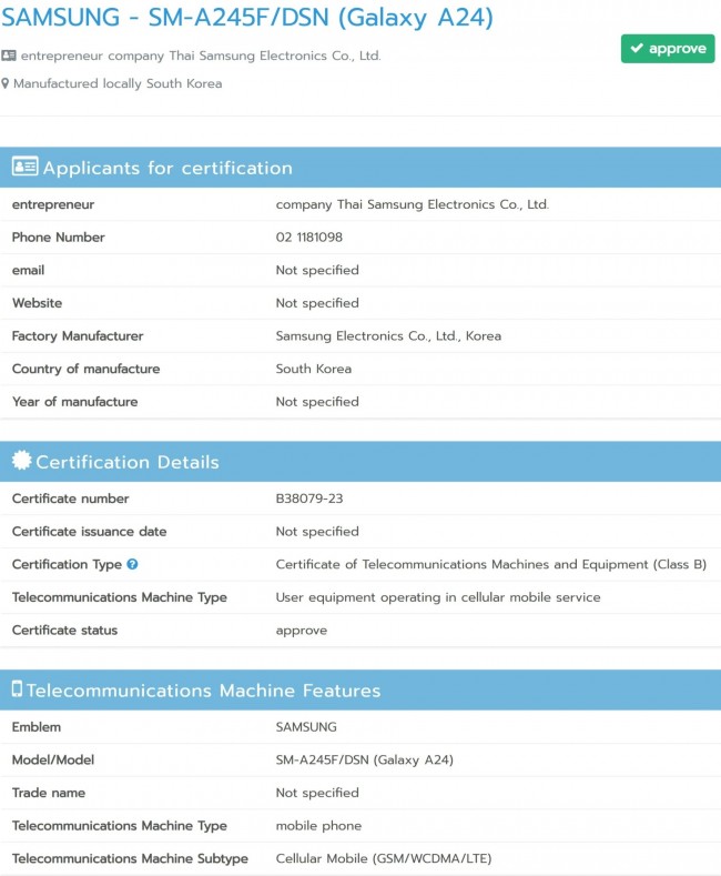 Samsung Galaxy A24 on NBTC's website