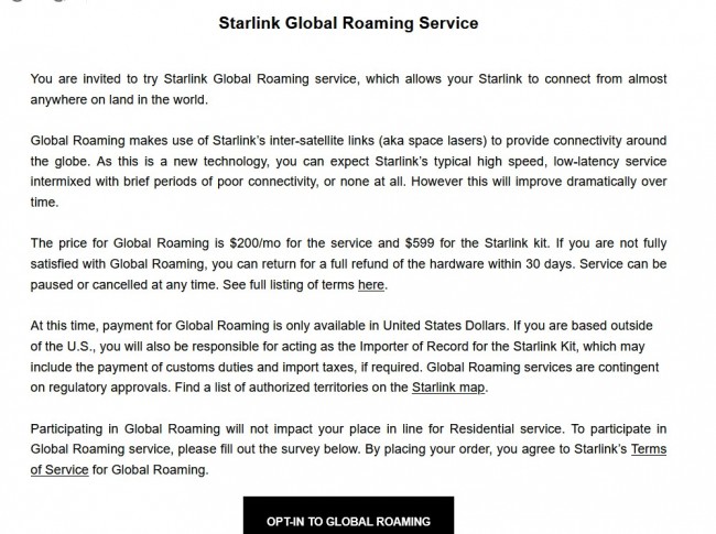 Starlink Global Roaming service message
