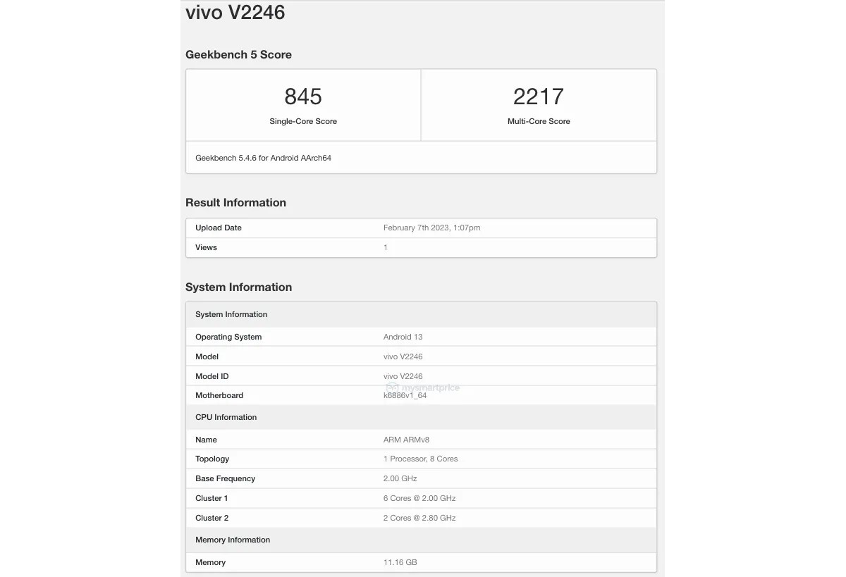 vivo V27 5G lên Geekbench với RAM 12GB, chưa rõ chipset MediaTek