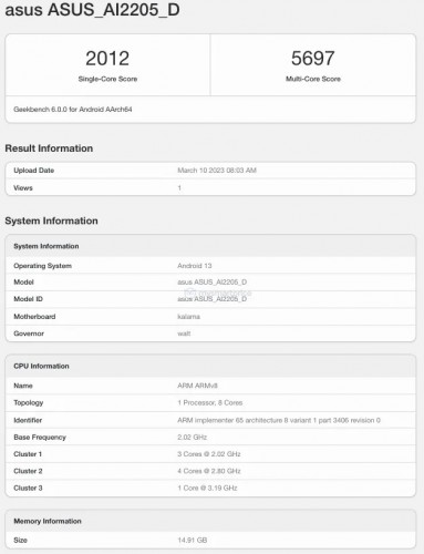 Asus ROG Phone 7D test run on Geekbench