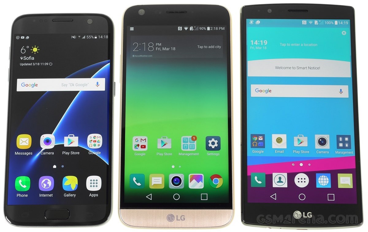LG G5 flanked by the Galaxy S7 and the LG G4