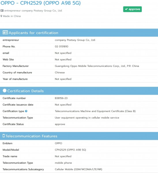 Oppo A98 5G gets NBTC certified