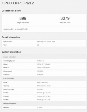 Oppo Pad 2 benchmark results: Geekbench 5.5.1