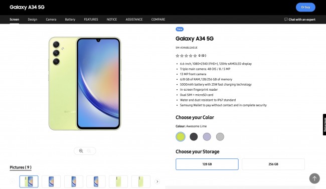 Samsung Galaxy A34 5G on Samsung Switzerland site