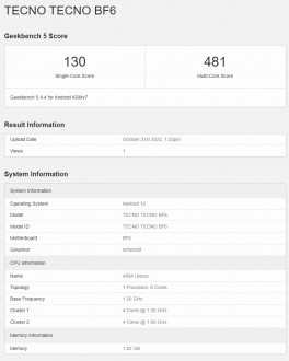 Carte de pointage Tecno Pop 7 de Geekbench 5