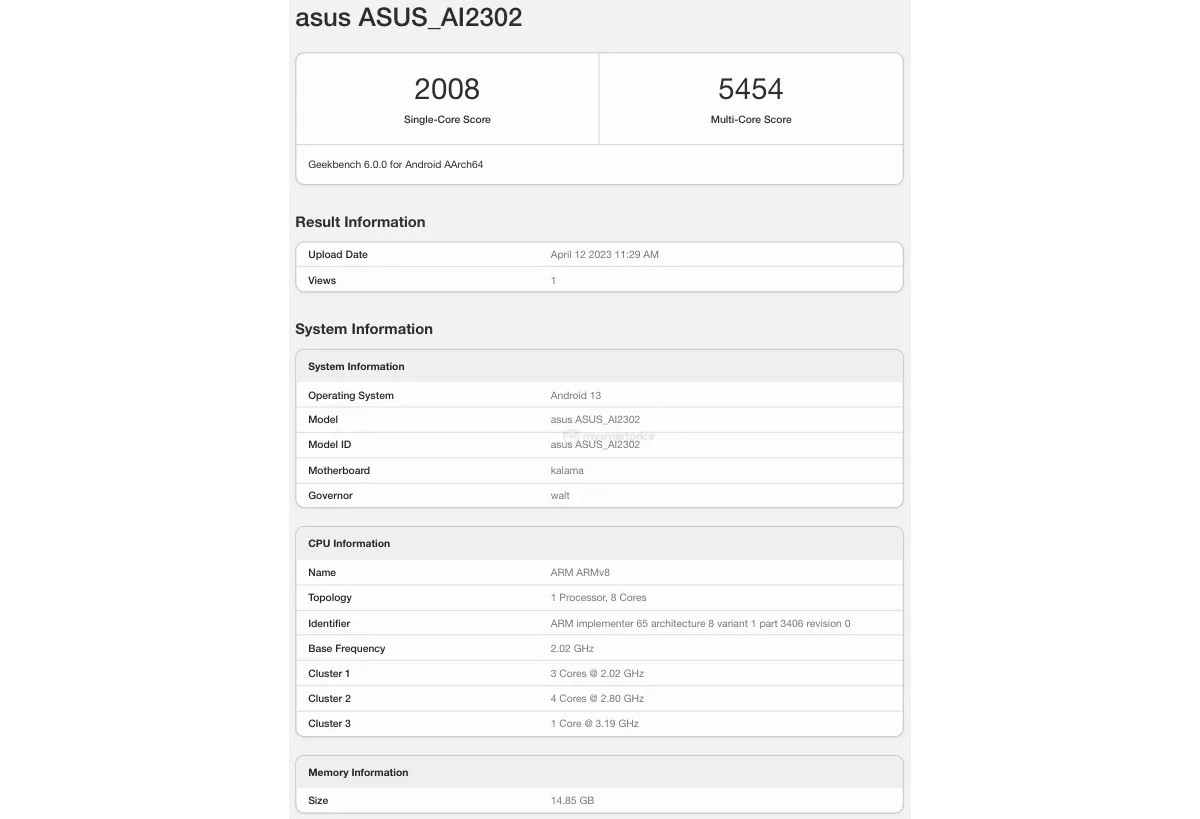 Asus Zenfone 10 visits Geekbench with Snapdragon 8 Gen 2 and 16GB of RAM