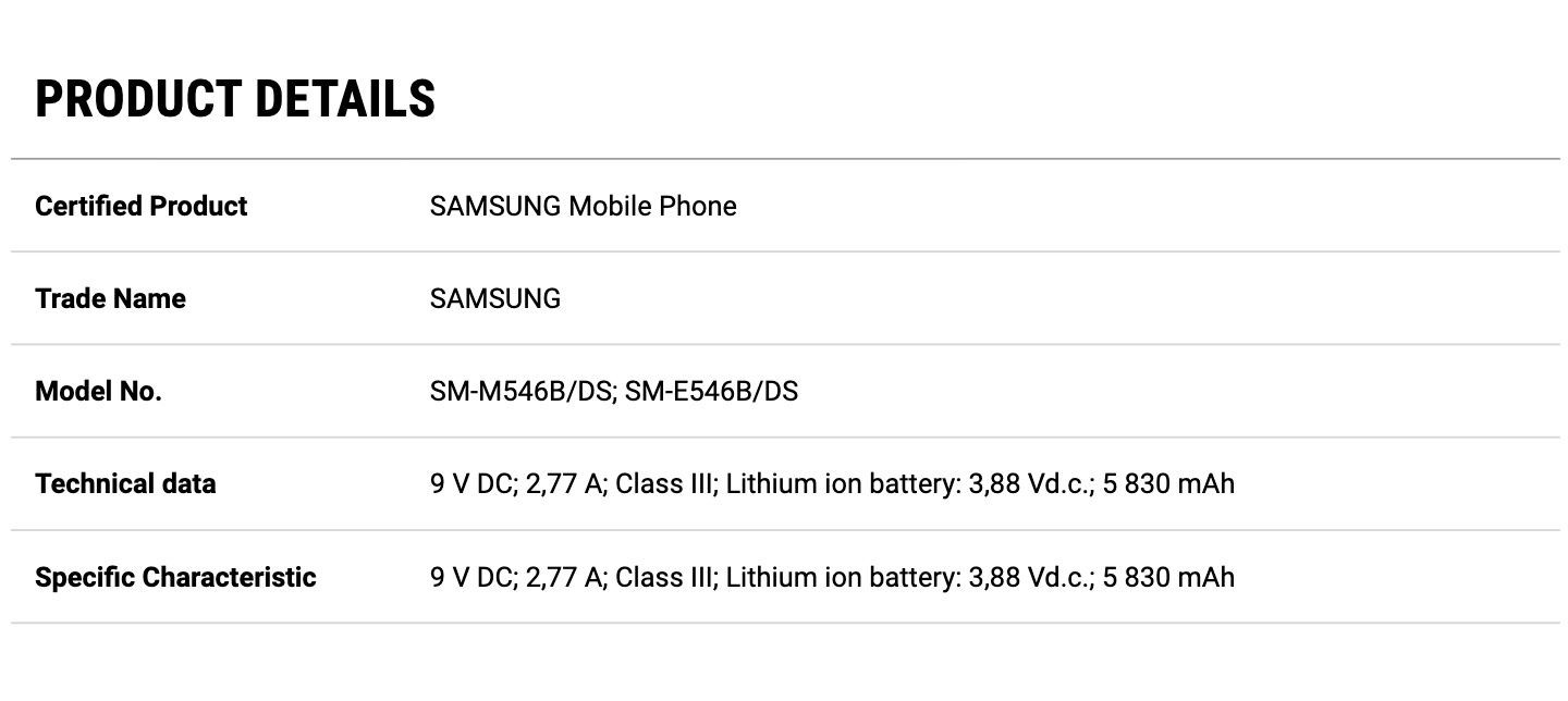 سامسونگ گلکسی F54 دارای گواهینامه باتری 6000 میلی آمپر ساعتی، به نظر می رسد یک نوع M54 باشد.