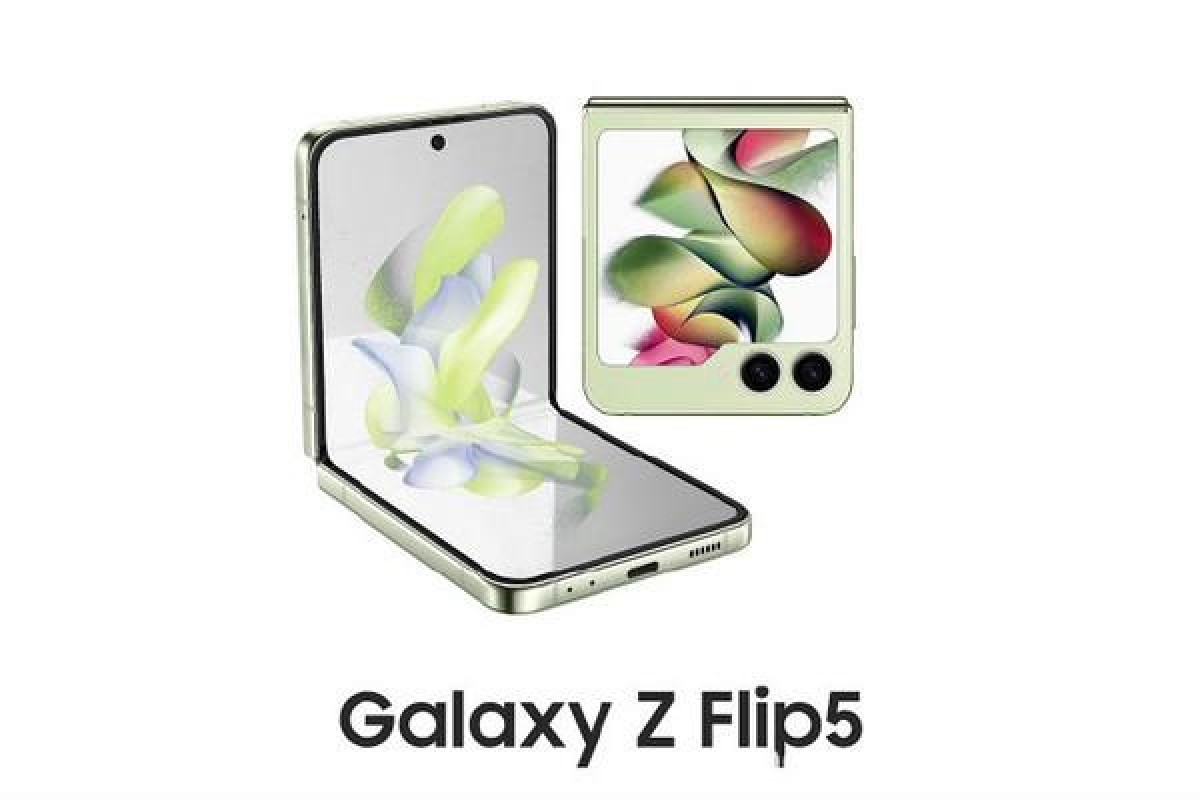  The image shows the Samsung Galaxy Z Flip5 and Z Fold5 smartphones, which are powered by Samsung's new Galaxy AI technology.