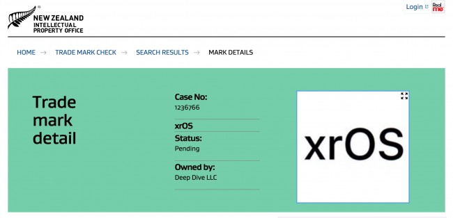 xrOS wordmark on the New Zealand Intellectual Property Office