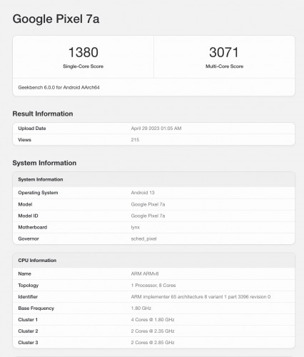 Pixel 7a listing on Geekbench
