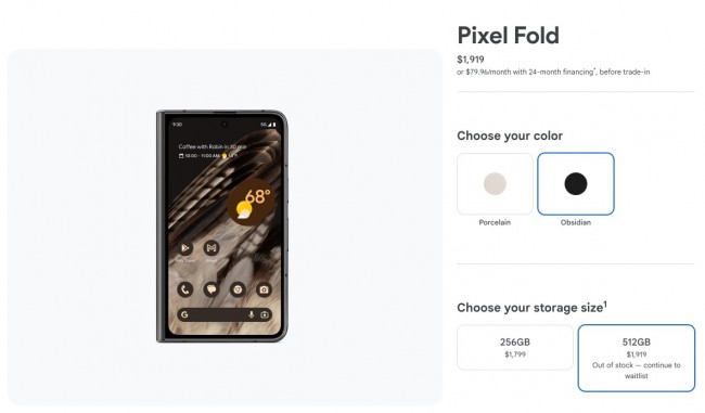 The 512GB Pixel Fold is out of stock in the US