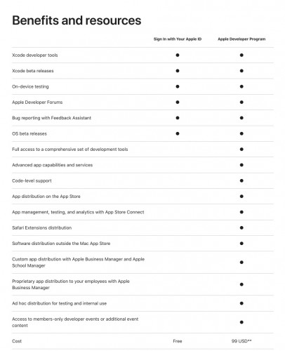 Apple Developer Program tiers comparison