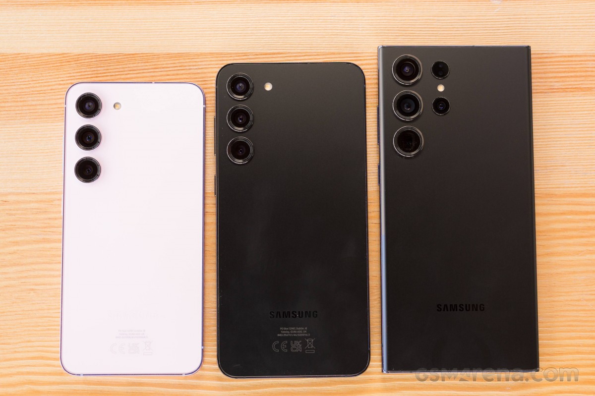Samsung Galaxy S23 (left), Samsung Galaxy S23+ (center), and Samsung Galaxy S23 Ultra (right)
