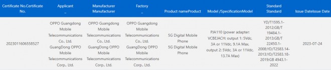 OnePlus Ace 2 Pro (PIA110) listing on 3C database