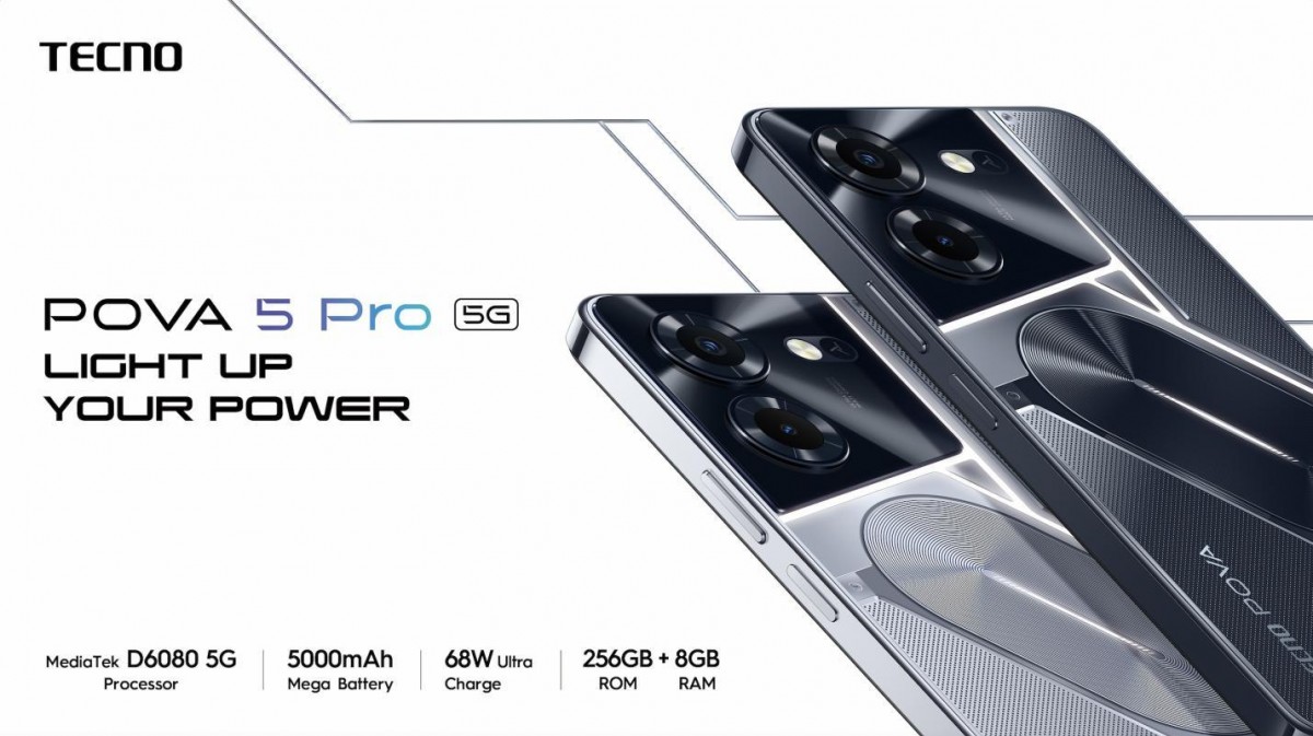 Tecno Pova 5 Pro membawa chipset Dimensity 6080 yang lebih kuat, lampu LED di bagian belakangnya