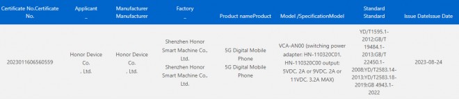 Honor Magic Vs 2 (VCA-AN00) certification on 3C database