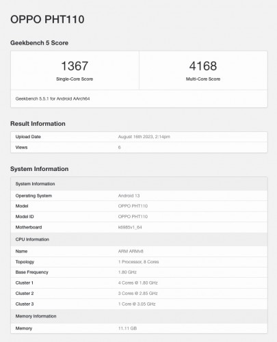 Oppo Find N3 Flip (PHT110) Geekbench 5 scorecard