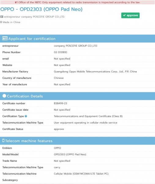 Oppo Pad Neo gets NBTC certified