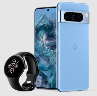 Pixel 8 com Pixel Buds Pro e Pixel 8 Pro com Pixel Watch 2