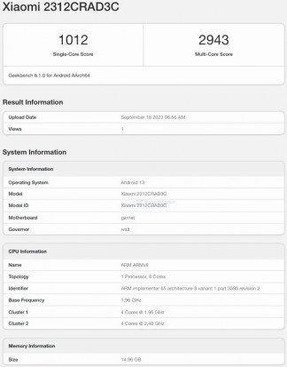 Redmi Note 13 Pro Geekbench listing