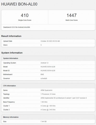 Huawei nova 11 SE Geekbench listing