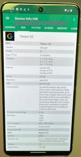 Google Pixel 8 Pro running Device Info HW app