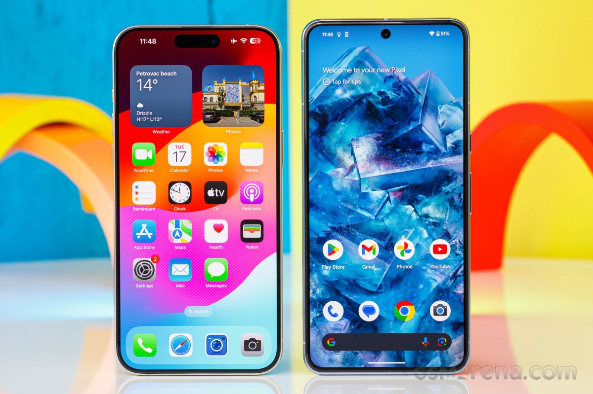 The iPhone 15 Pro Max (left) next to the Pixel 8 Pro