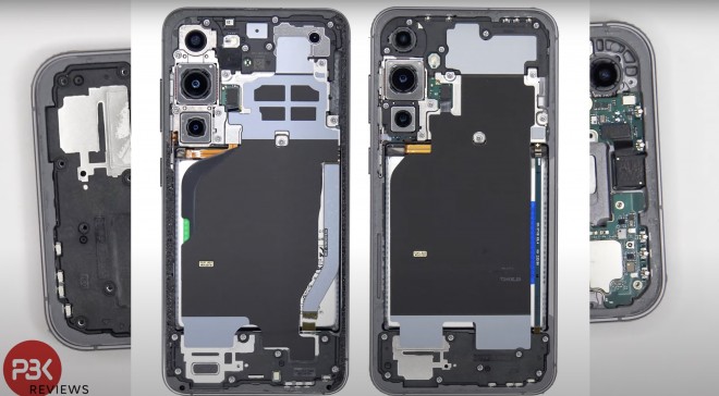 Galaxy S23 (left) and S23 FE (right) internals