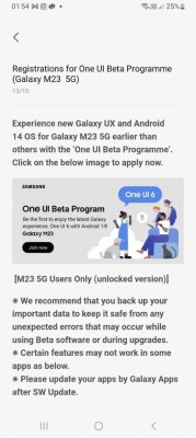 Samsung Galaxy M23 One UI 6 beta update screens