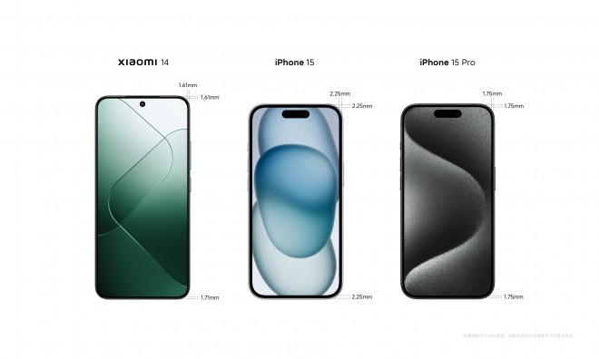 Xiaomi 14 bezel size compared to iPhone 15 and 15 Pro