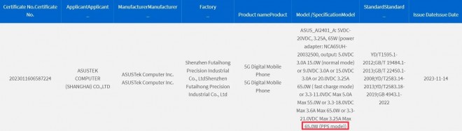 ROG Phone 8 Ultimate (ASUS_AI2401_A) listing on 3C database