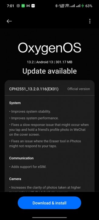 OnePlus Open OxygenOS 13.2.0.116 update's changelog
