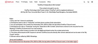 OnePlus 12 giveaway page terms and conditions (UK and India)