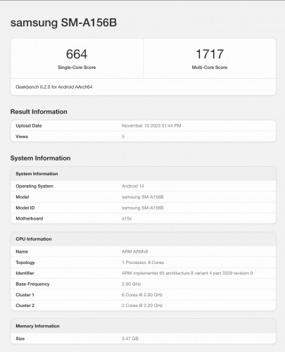 Samsung Galaxy A15 5G Geekbench scorecard