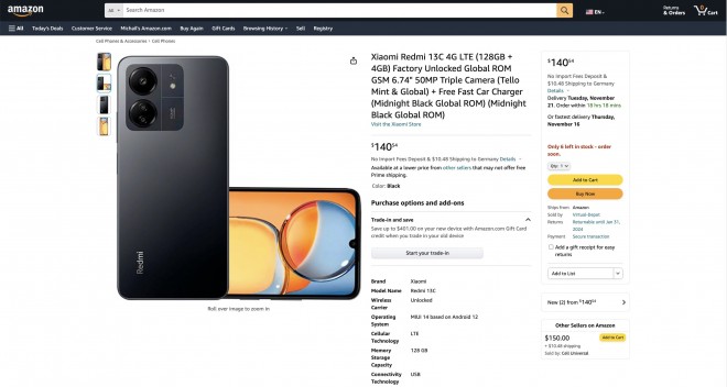 Redmi 13C listing on Amazon