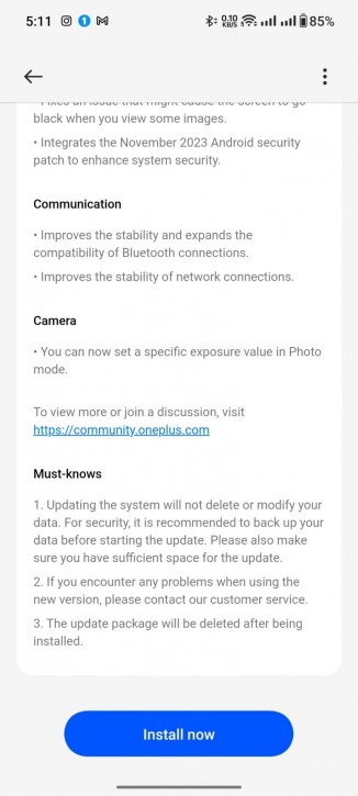 OnePlus Open OxygenOS 13.2.0.201 update's changelog