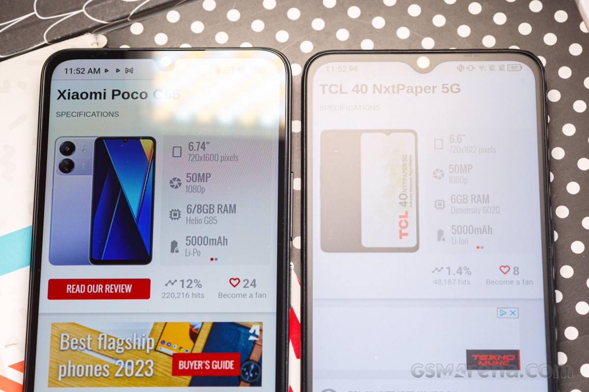 <span></noscript><strong>Left: Xiaomi Poco C65 • Right: TCL 40 NxtPaper 5G</strong></span>“/><br />
<span><strong><span><strong>Left: Xiaomi Poco C65 • Right: TCL 40 NxtPaper 5G</strong></span></strong></span></p>
<p>It should be said that manufacturers do not have options to combat glare even on glossy screens.  For example, AU Optronics has a semi-gloss coating for their VA panels with a haze value of 13-18%.  Samsung has its own ‘very light coating’ on some VA panels with an 18% haze value.  You’ll also find anti-glare (minimum 1-4% haze) or reflective screens with anti-reflective treatments.  So, there are middle places.
<div style=