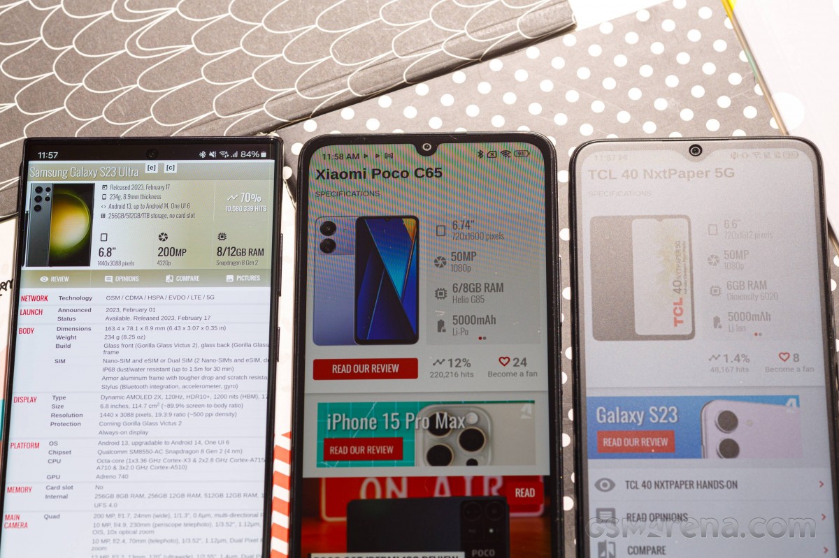 <font><strong>Left to right: Samsung Galaxy S23 Ultra, Xiaomi Poco C65, TCl 40 NxtPaper 5G</strong></font>