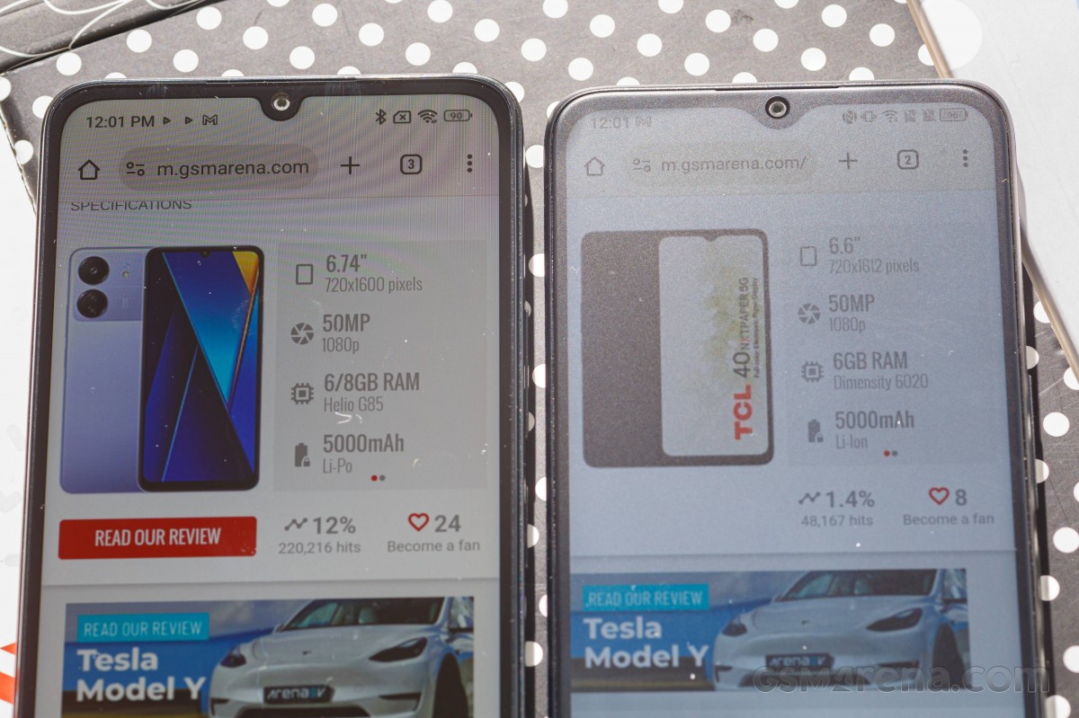 <span></noscript><strong>Left: Xiaomi Poco C65 • Right: TCL 40 NxtPaper 5G</strong></span>“/><br />
<span><strong><span><strong>Left: Xiaomi Poco C65 • Right: TCL 40 NxtPaper 5G</strong></span></strong></span></p>
<p>The lack of optical clarity isn’t helped by the fact that the TCL 40 NxtPaper 5G’s LCD isn’t overly bright.  Manually turning the brightness slider up, we measured 492 nits.  An automatic brightness boost mode can increase that figure to 611 nits, which is still not very impressive.  It’s decent for an LCD but not spectacular.</p>
<p>We also tested the TCL 40 NxtPaper 5G at low brightness to see how comfortable it is at night.  We’re not impressed with the 5.5 nits, or so the backlight fades even at the lowest brightness setting.</p>
<p>Still looking at the TCL 40 NxtPaper 5G next to the Xiaomi Poco C65 – a high-brightness LCD phone with a glossy screen and similar to the TCL, we notice an improvement in reflectance and brightness.  So, Matthew, the machine is doing its job.</p>
<p><img decoding=