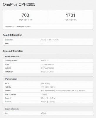 Geekbench scorecard from the OnePlus CPH2605 (allegedly the OnePlus Nord N30 SE)