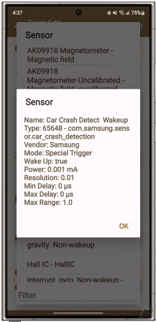 Galaxy S24 Ultra and Z Fold5 Car Crash Detect Wakeup sensor prompt (via Android Police)