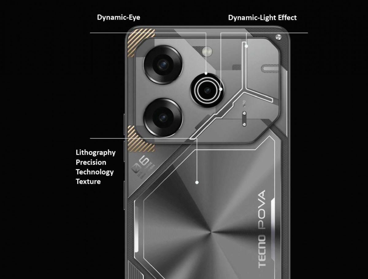  A photo of the back of a Tecno Pova 6 smartphone in Meteorite Grey with text labels indicating its features.