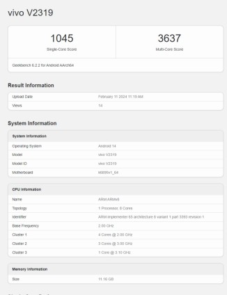 vivo V30 Pro (V2319) results from Geekbench 6.2.2