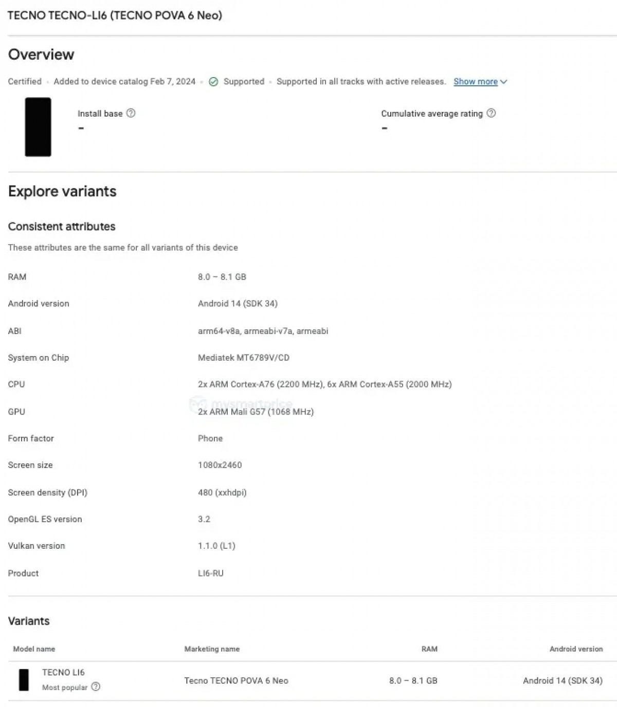 Tecno Pova 6 Neo appears on Google Play Console, key specs revealed