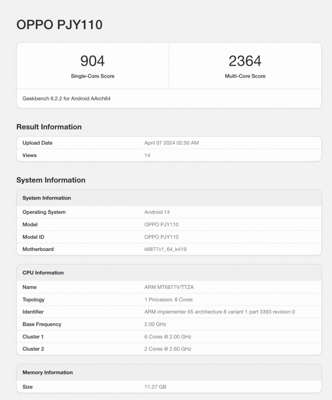 Oppo A3 Pro on Geekbench